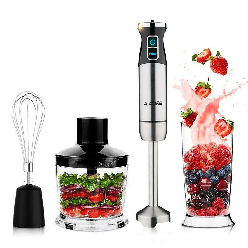 5-Core Immersion Portable Hand Blender 5-in-1, 500W Handheld, 8 Variable Speeds, Stainless Steel, Electric Whisker, 2-Blades, 860ml Food Processor, Chopper, 600ml Mixing Beaker HB 1520