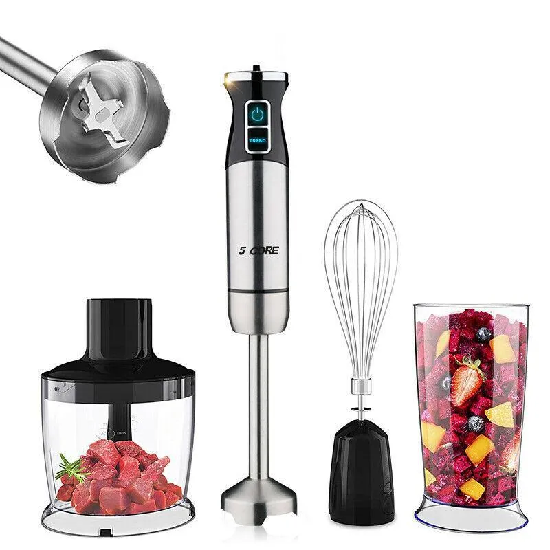 5-Core Immersion Portable Hand Blender 5-in-1, 500W Handheld, 8 Variable Speeds, Stainless Steel, Electric Whisker, 2-Blades, 860ml Food Processor, Chopper, 600ml Mixing Beaker HB 1520
