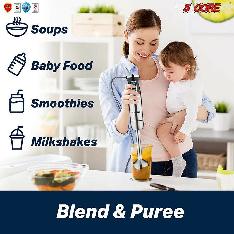 5-Core Immersion Portable Hand Blender 5-in-1, 500W Handheld, 8 Variable Speeds, Stainless Steel, Electric Whisker, 2-Blades, 860ml Food Processor, Chopper, 600ml Mixing Beaker HB 1520