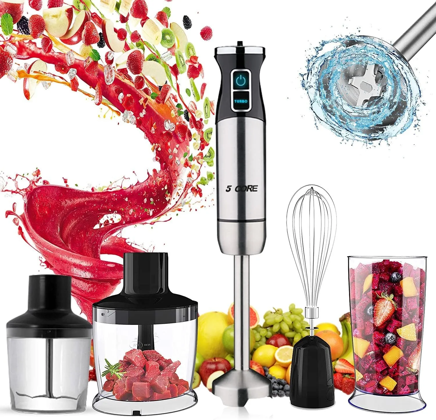 5-Core Immersion Portable Hand Blender 5-in-1, 500W Handheld, 8 Variable Speeds, Stainless Steel, Electric Whisker, 2-Blades, 860ml Food Processor, Chopper, 600ml Mixing Beaker HB 1520