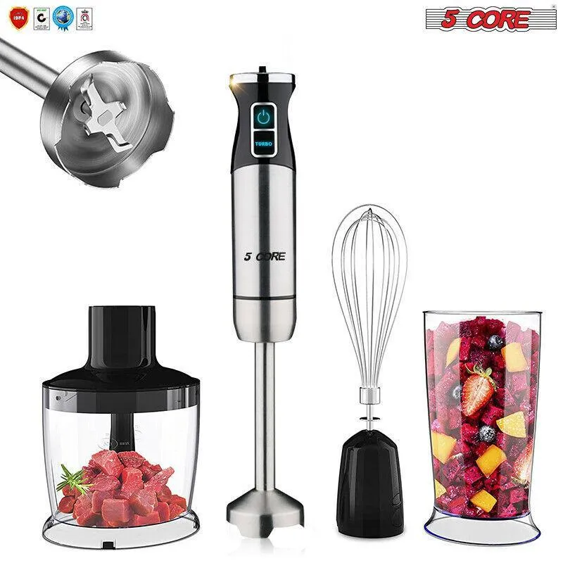 5-Core Immersion Portable Hand Blender 5-in-1, 500W Handheld, 8 Variable Speeds, Stainless Steel, Electric Whisker, 2-Blades, 860ml Food Processor, Chopper, 600ml Mixing Beaker HB 1520