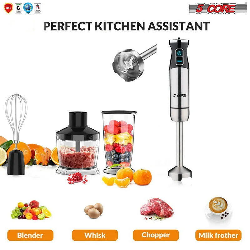 5-Core Immersion Portable Hand Blender 5-in-1, 500W Handheld, 8 Variable Speeds, Stainless Steel, Electric Whisker, 2-Blades, 860ml Food Processor, Chopper, 600ml Mixing Beaker HB 1520