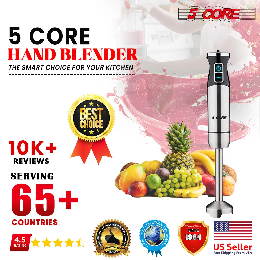 5-Core Immersion Portable Hand Blender 5-in-1, 500W Handheld, 8 Variable Speeds, Stainless Steel, Electric Whisker, 2-Blades, 860ml Food Processor, Chopper, 600ml Mixing Beaker HB 1520