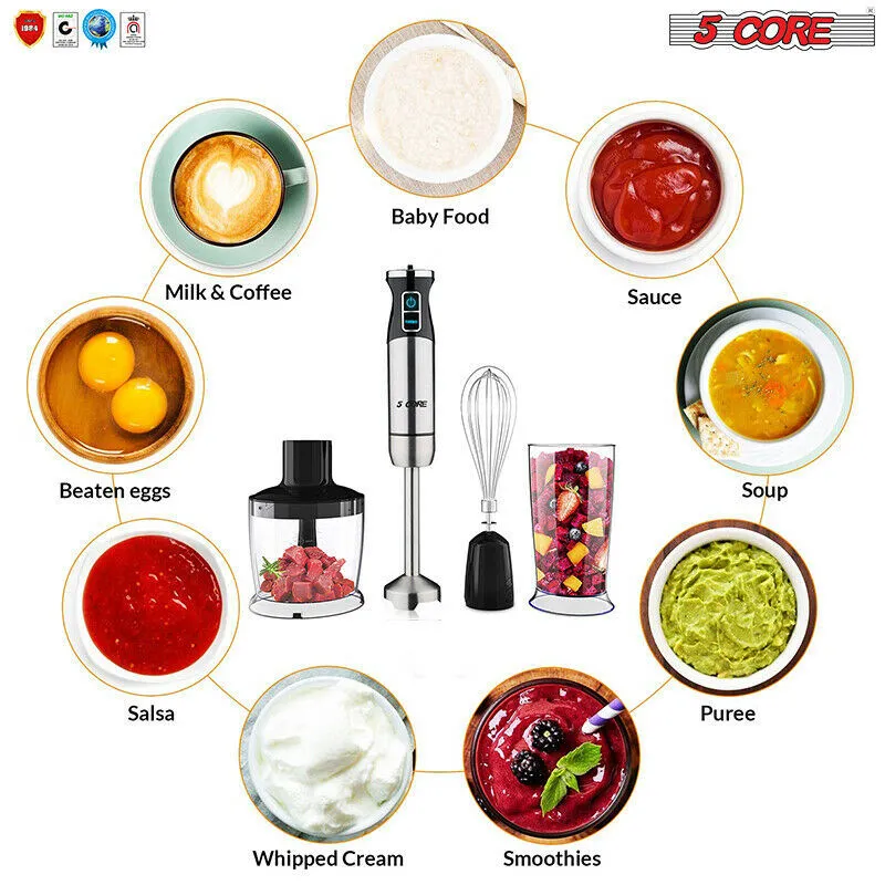 5-Core Immersion Portable Hand Blender 5-in-1, 500W Handheld, 8 Variable Speeds, Stainless Steel, Electric Whisker, 2-Blades, 860ml Food Processor, Chopper, 600ml Mixing Beaker HB 1520