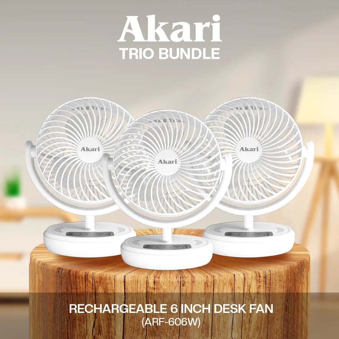Akari TRIO BUNDLE: 6” Rechargeable Desk fan with LED Night Light (ARF-606)