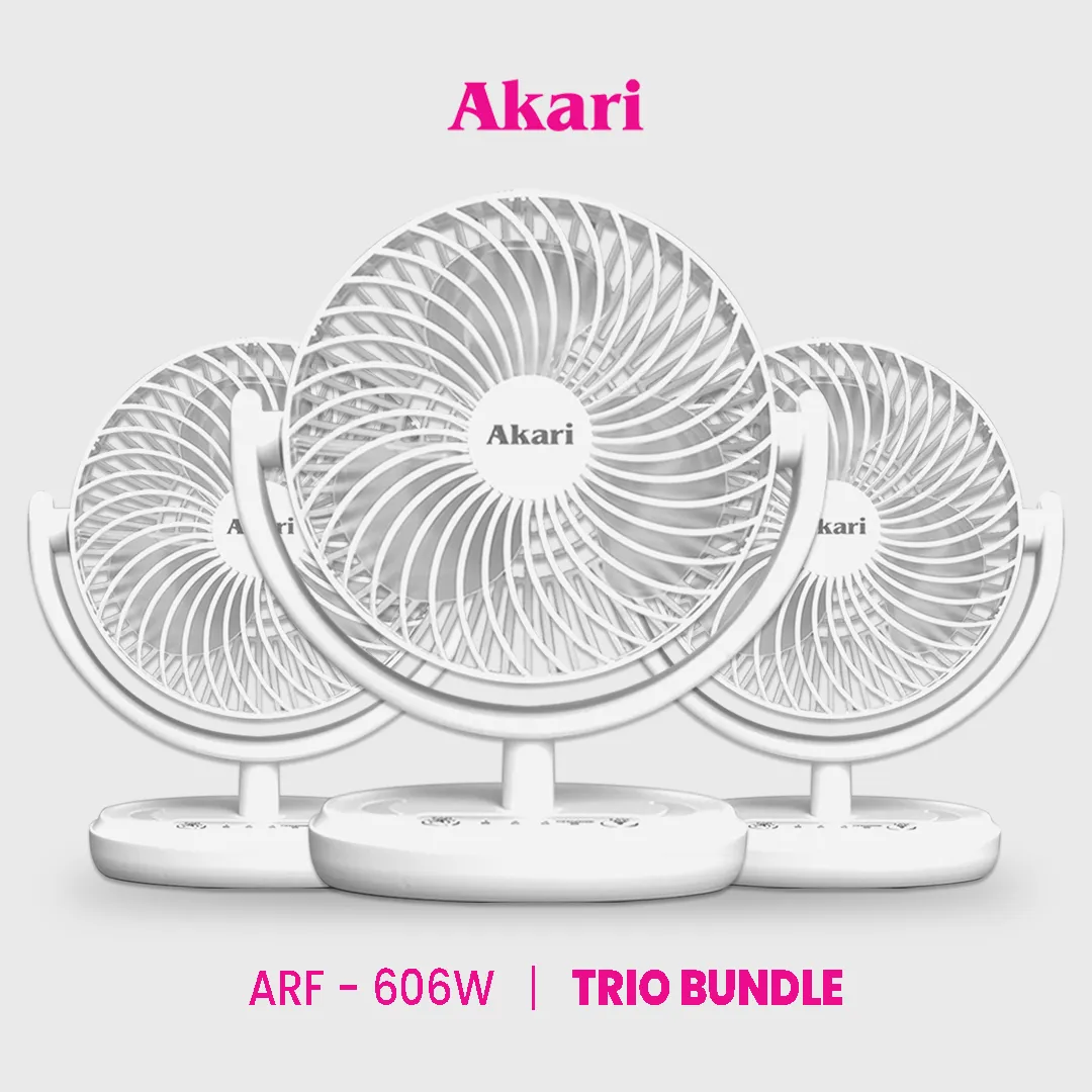 Akari TRIO BUNDLE: 6” Rechargeable Desk fan with LED Night Light (ARF-606)