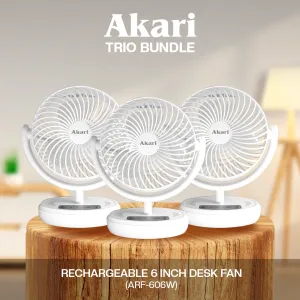 Akari TRIO BUNDLE: 6” Rechargeable Desk fan with LED Night Light (ARF-606)
