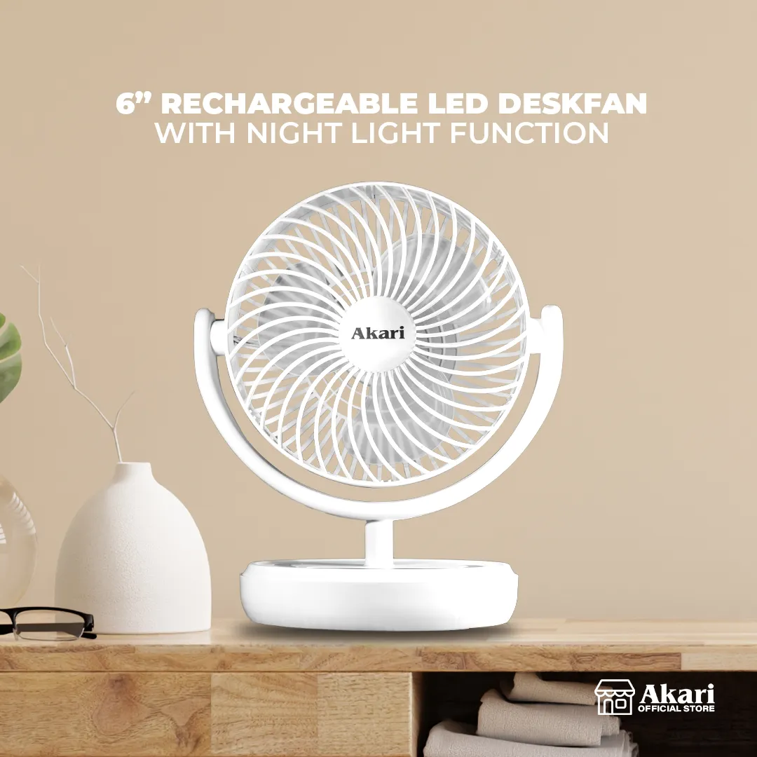 Akari TRIO BUNDLE: 6” Rechargeable Desk fan with LED Night Light (ARF-606)