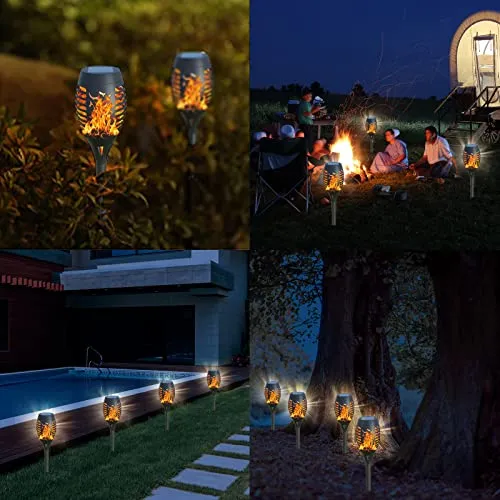 AOUNQ Solar Lights Outdoor Waterperoof Upgraded, 4Pack Solar Tiki Torches with Flickering Flame, 12LED Mini Solar Garden Lights for Patio Yard Pathway Landscape Decorations-Dusk to Dawn Auto On/Off