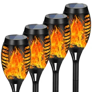 AOUNQ Solar Lights Outdoor Waterperoof Upgraded, 4Pack Solar Tiki Torches with Flickering Flame, 12LED Mini Solar Garden Lights for Patio Yard Pathway Landscape Decorations-Dusk to Dawn Auto On/Off