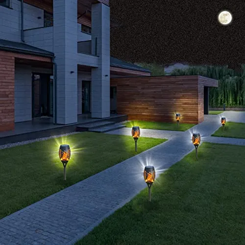 AOUNQ Solar Lights Outdoor Waterperoof Upgraded, 4Pack Solar Tiki Torches with Flickering Flame, 12LED Mini Solar Garden Lights for Patio Yard Pathway Landscape Decorations-Dusk to Dawn Auto On/Off
