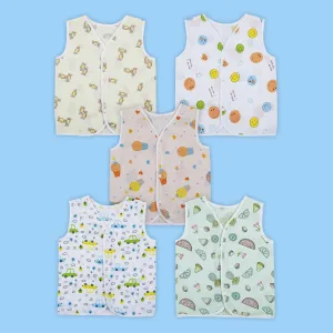Baby Moo Car And Fruit Print V-Neck Sleeveless Front Opening Button Cotton Jhablas 5 Pcs - Yellow, Multicolour
