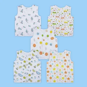 Baby Moo Fruity Fun Prints V-Neck Sleeveless Front Opening Button Cotton Jhablas 5 Pcs - Green, Multicolour
