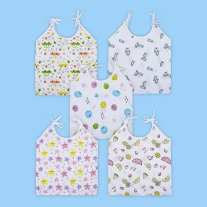 Baby Moo Happy Sweet Stars Round Neck Sleeveless Tie Knot Cotton Jhablas 5 Pcs - Orange, Multicolour