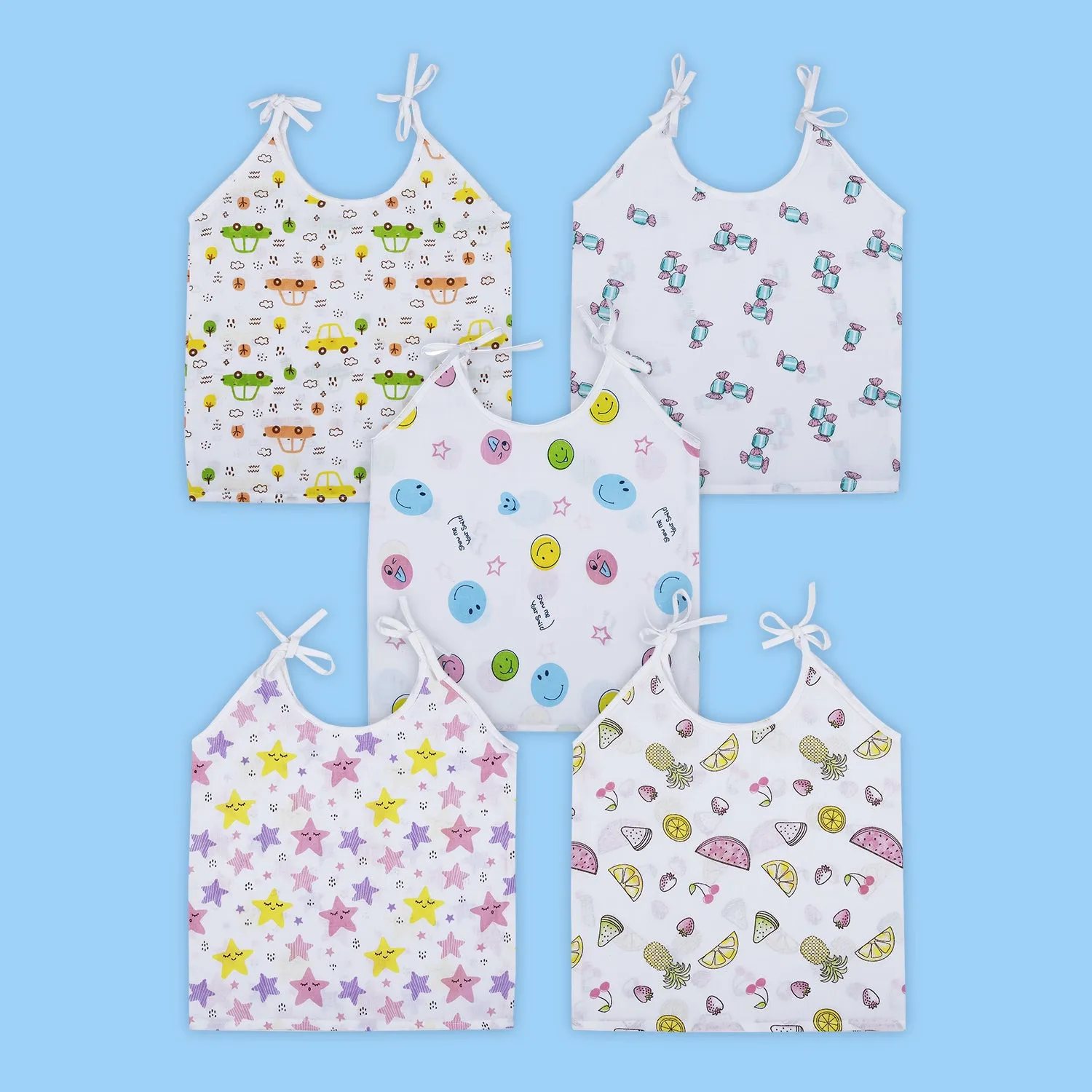 Baby Moo Happy Sweet Stars Round Neck Sleeveless Tie Knot Cotton Jhablas 5 Pcs - Orange, Multicolour