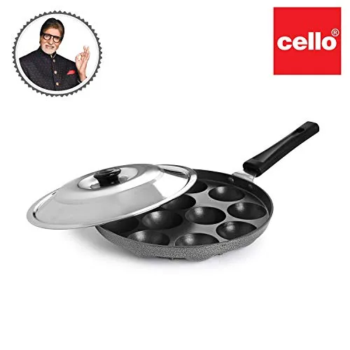 CELLO Appam Patra with Stainless Steel Lid Non-Stick Heavy Duty Aluminium 25 cm, 12 Cavity | Single Handle with SS Lid | Appam Maker | Appam Patra | Appam pan | Litti Maker | Black