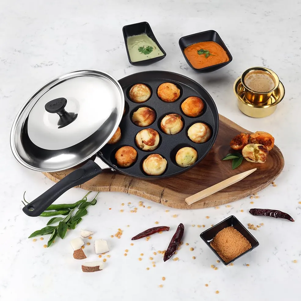CELLO Appam Patra with Stainless Steel Lid Non-Stick Heavy Duty Aluminium 25 cm, 12 Cavity | Single Handle with SS Lid | Appam Maker | Appam Patra | Appam pan | Litti Maker | Black