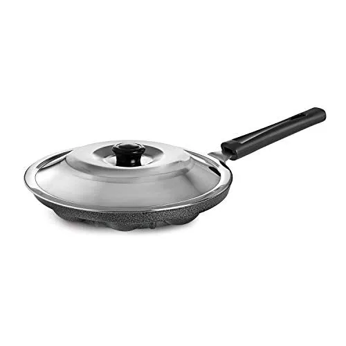 CELLO Appam Patra with Stainless Steel Lid Non-Stick Heavy Duty Aluminium 25 cm, 12 Cavity | Single Handle with SS Lid | Appam Maker | Appam Patra | Appam pan | Litti Maker | Black