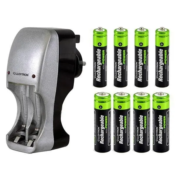 Compact Portable Plug In Battery Charger  8 AAA & AA Nimh Rechargeable Batteries
