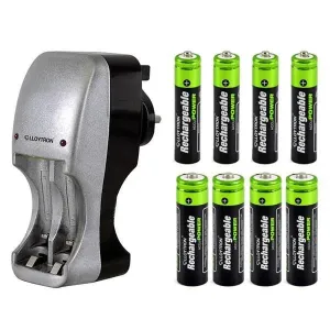 Compact Portable Plug In Battery Charger  8 AAA & AA Nimh Rechargeable Batteries
