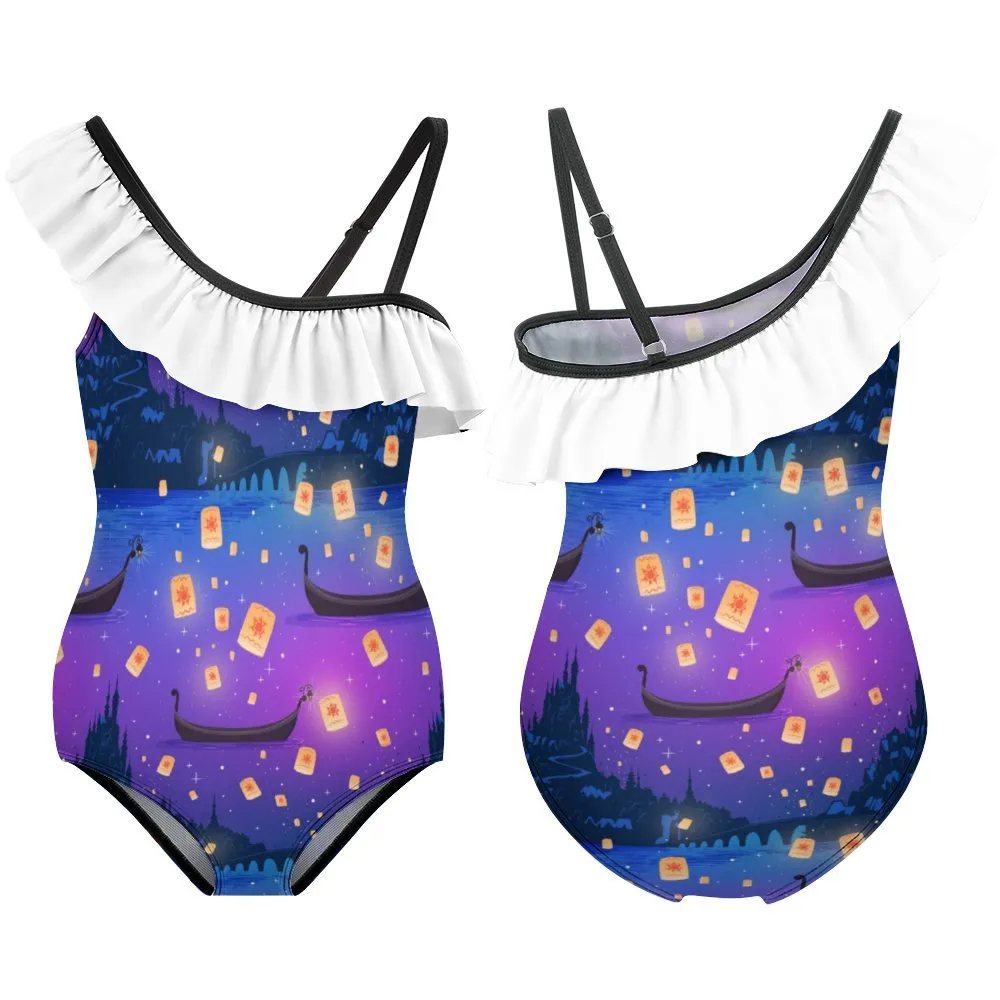 Disney Tangled Rapunzel Floating Lanterns Girls Flounce One-Piece Swimsuit
