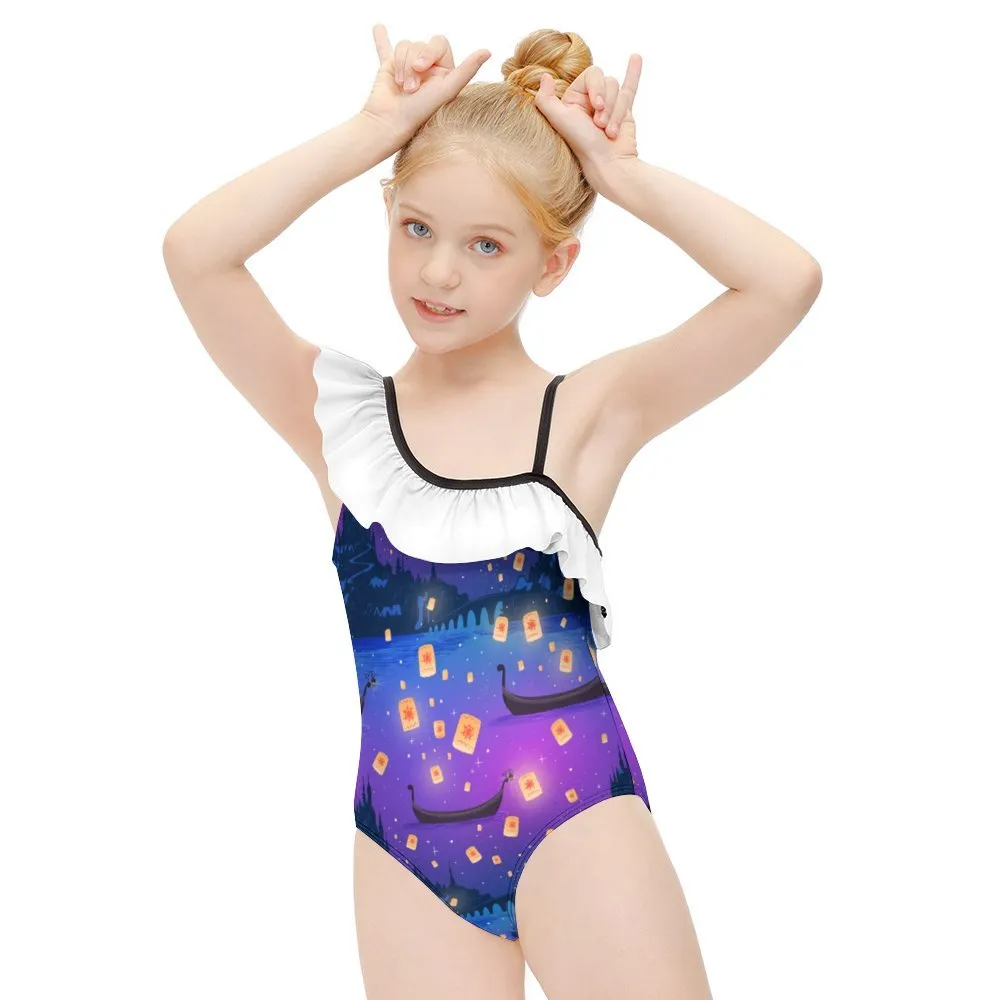 Disney Tangled Rapunzel Floating Lanterns Girls Flounce One-Piece Swimsuit