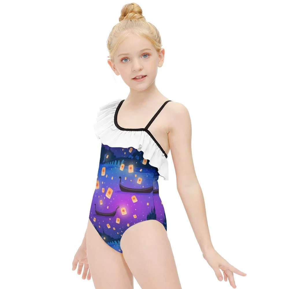 Disney Tangled Rapunzel Floating Lanterns Girls Flounce One-Piece Swimsuit