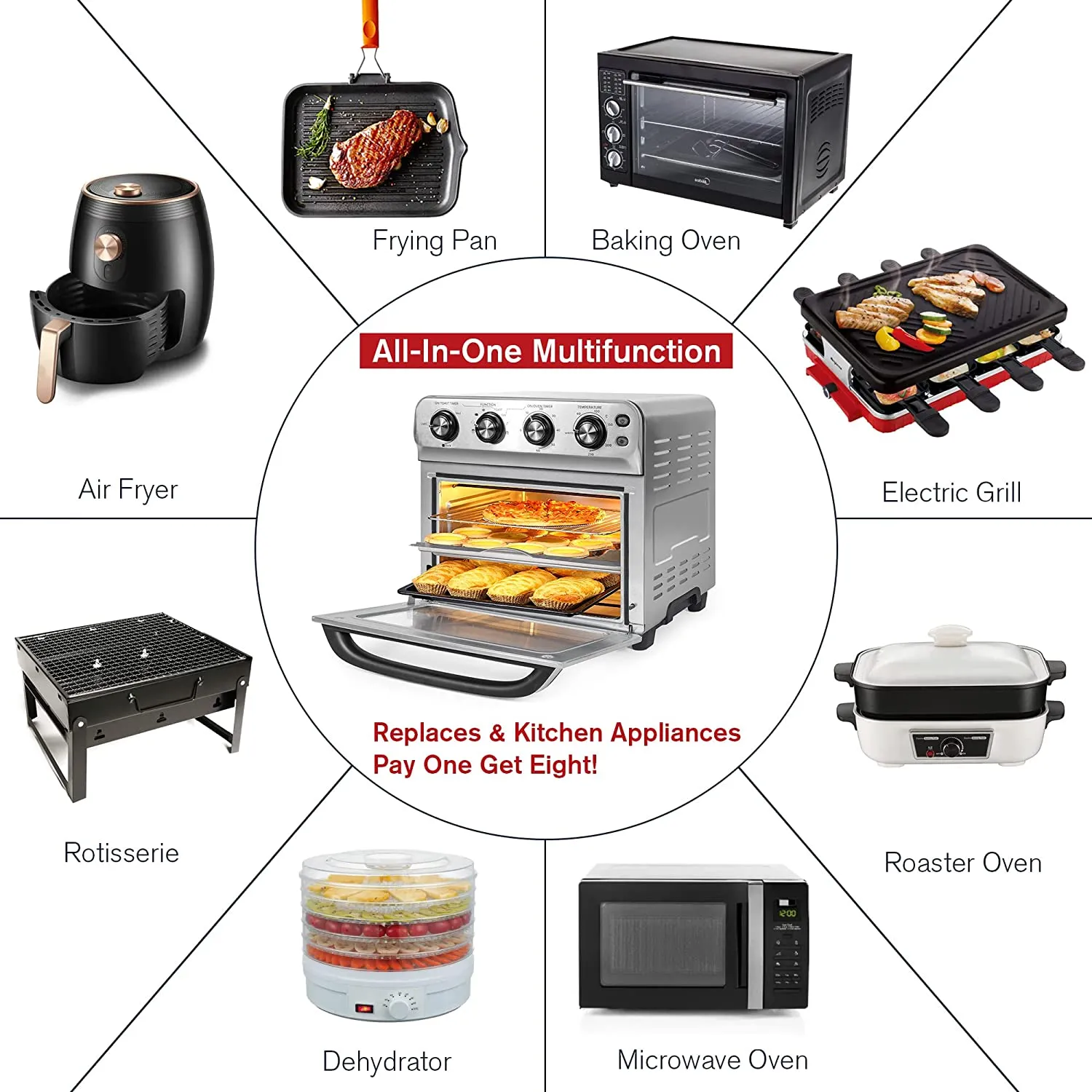 E-Macht 24 Quart Air Fryer Oven 8 Cooking Functions Stainless Steel 1800W Kitchen Small Appliance