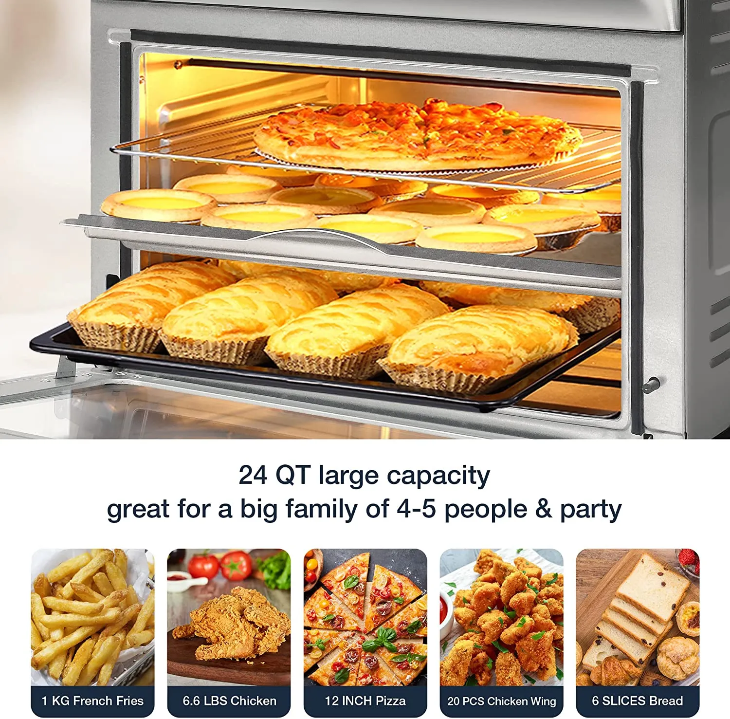 E-Macht 24 Quart Air Fryer Oven 8 Cooking Functions Stainless Steel 1800W Kitchen Small Appliance