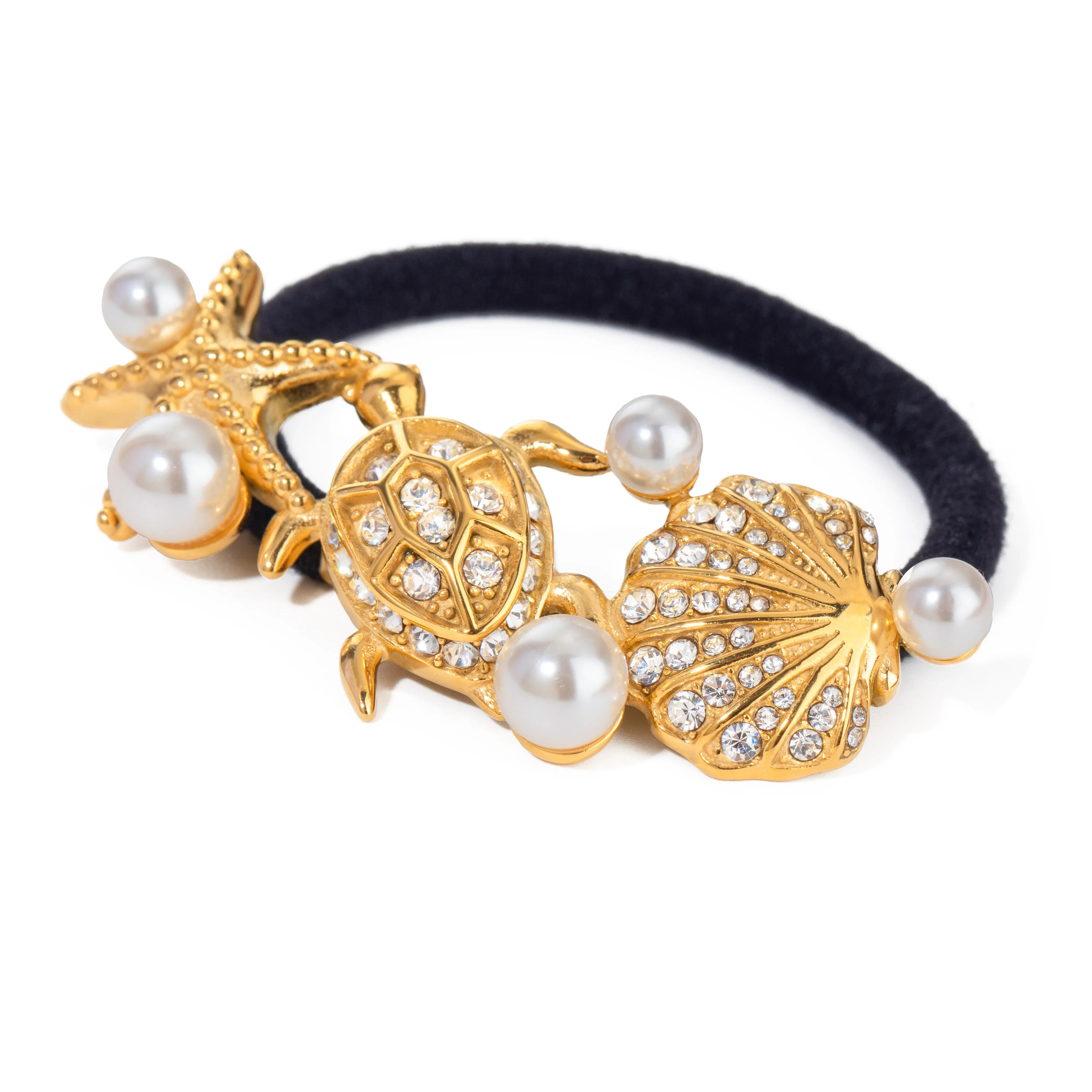 Glossy Starfish, Turtle & Scallop Pearl Hair Rope - Black Rubber Hairbands