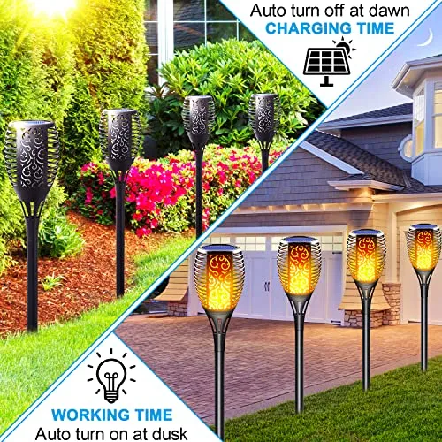 LazyBuddy Solar Lights Outdoor, Large Solar Torch Light with Flickering Flame, 3 in 1 Fire Effect Hanging Lanterns, Solar Tiki Torches for Garden, Pathway, Landscape Decorations (8 Pack)