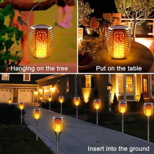 LazyBuddy Solar Lights Outdoor, Large Solar Torch Light with Flickering Flame, 3 in 1 Fire Effect Hanging Lanterns, Solar Tiki Torches for Garden, Pathway, Landscape Decorations (8 Pack)