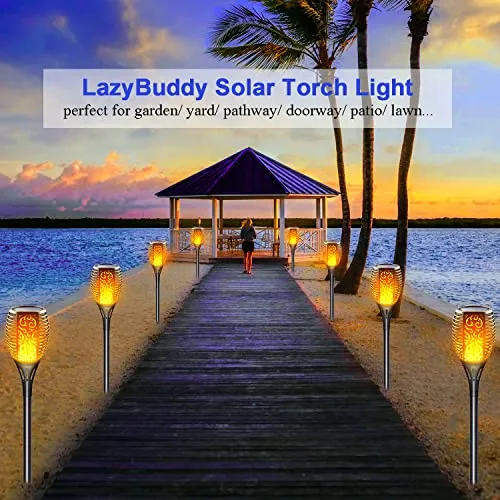 LazyBuddy Solar Lights Outdoor, Large Solar Torch Light with Flickering Flame, 3 in 1 Fire Effect Hanging Lanterns, Solar Tiki Torches for Garden, Pathway, Landscape Decorations (8 Pack)