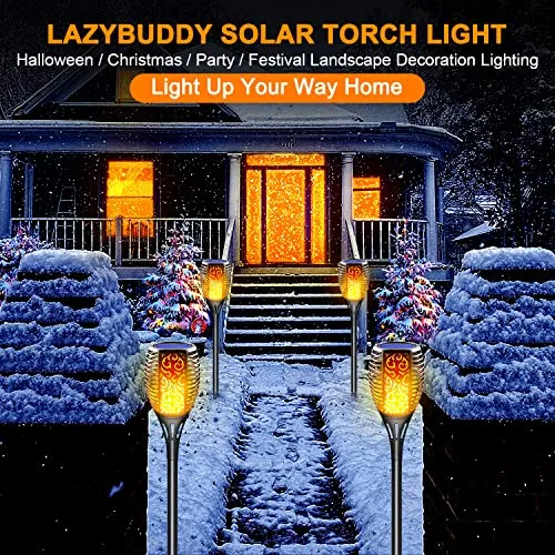 LazyBuddy Solar Lights Outdoor, Large Solar Torch Light with Flickering Flame, 3 in 1 Fire Effect Hanging Lanterns, Solar Tiki Torches for Garden, Pathway, Landscape Decorations (8 Pack)