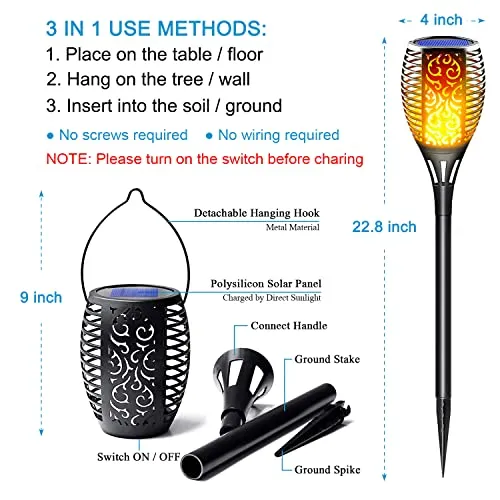 LazyBuddy Solar Lights Outdoor, Large Solar Torch Light with Flickering Flame, 3 in 1 Fire Effect Hanging Lanterns, Solar Tiki Torches for Garden, Pathway, Landscape Decorations (8 Pack)
