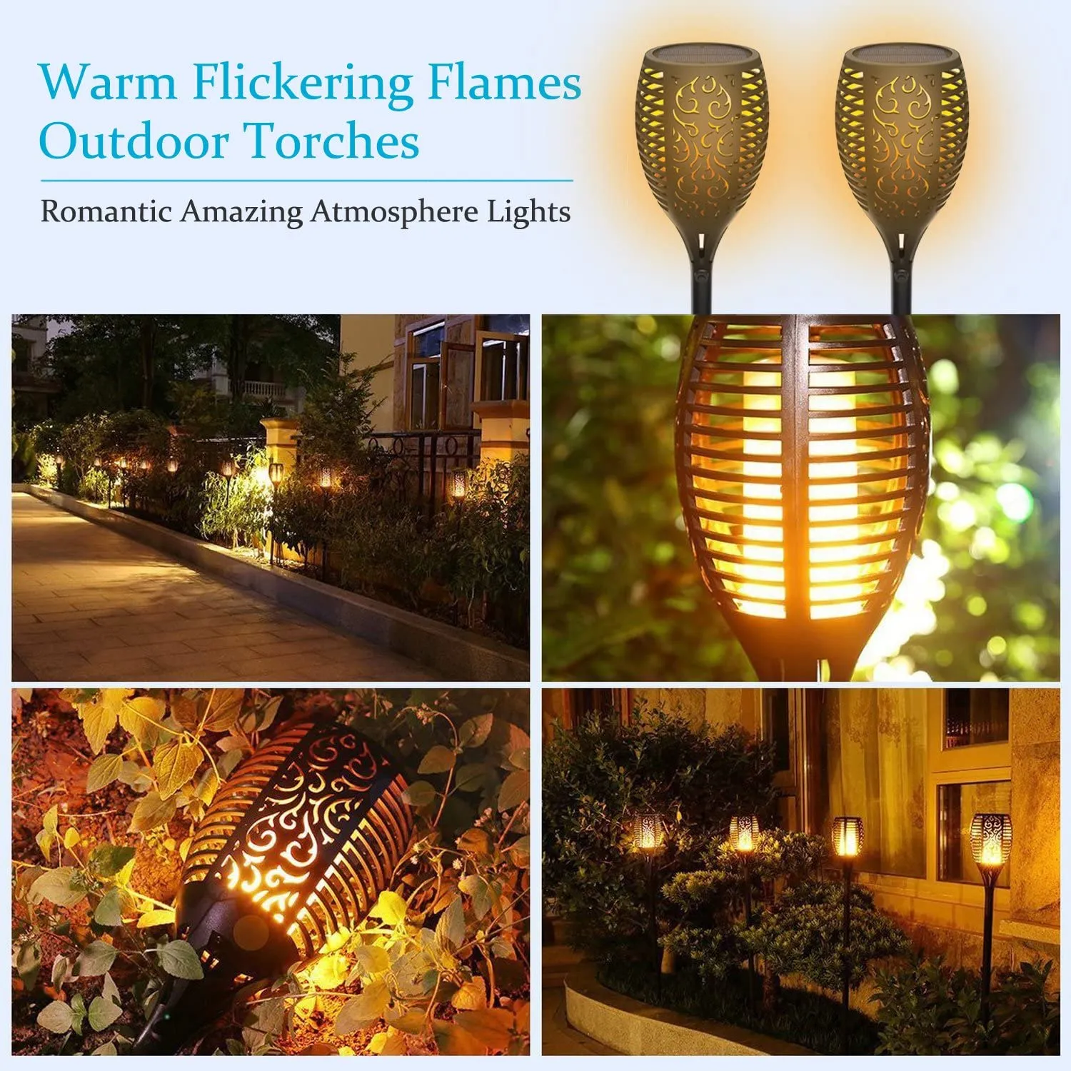 Permande Solar Torch Lights, Outdoor LED Lamp Flickering with Realistic Dancing Flame, Dusk-Dawn Christmas Decoration Lights for Garden/Patio/Deck/Driveway 4-PACK