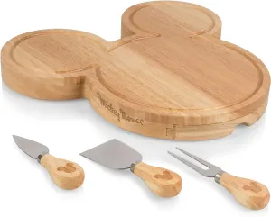 PICNIC TIME Disney Mickey Mouse Head Shaped Cheese Board and Knife Set, Charcuterie Board Set, Wood Cutting Board with Cheese Knives, (Parawood) 11.75 x 12.5 x 1.2