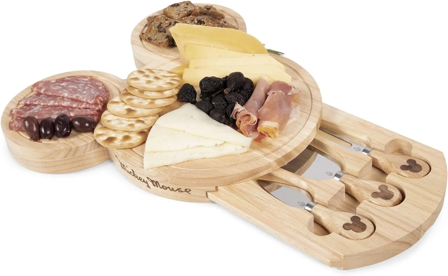 PICNIC TIME Disney Mickey Mouse Head Shaped Cheese Board and Knife Set, Charcuterie Board Set, Wood Cutting Board with Cheese Knives, (Parawood) 11.75 x 12.5 x 1.2