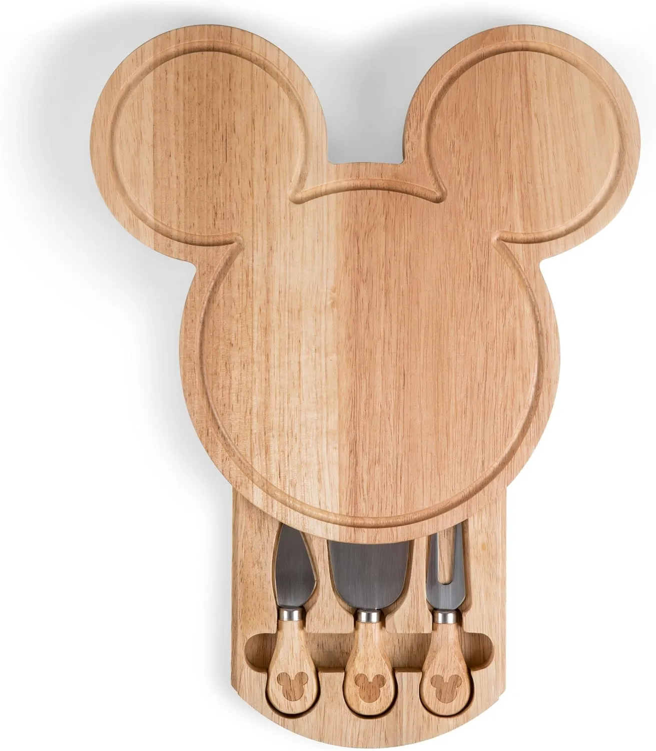 PICNIC TIME Disney Mickey Mouse Head Shaped Cheese Board and Knife Set, Charcuterie Board Set, Wood Cutting Board with Cheese Knives, (Parawood) 11.75 x 12.5 x 1.2