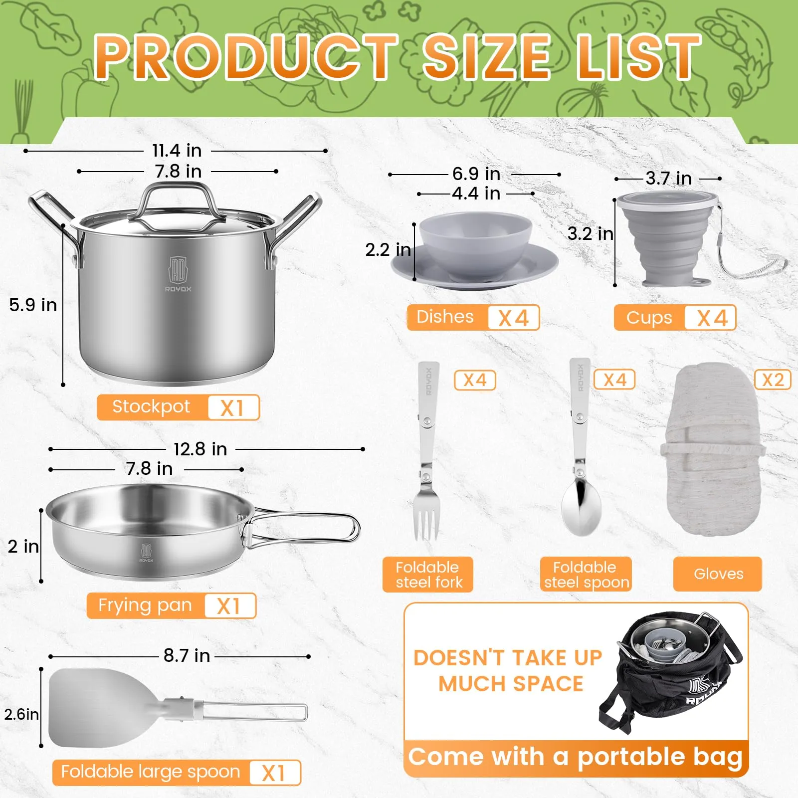 ROYDX Pots & Pans Set-27 Pcs Stainless Steel Kitchen Cookware Set,Foldable Frying Pan Stockpot with Forks Spoons Travel Bag for Campfire Hiking,Barbecues,Beach Outdoor Picnic Camping Cooking Set