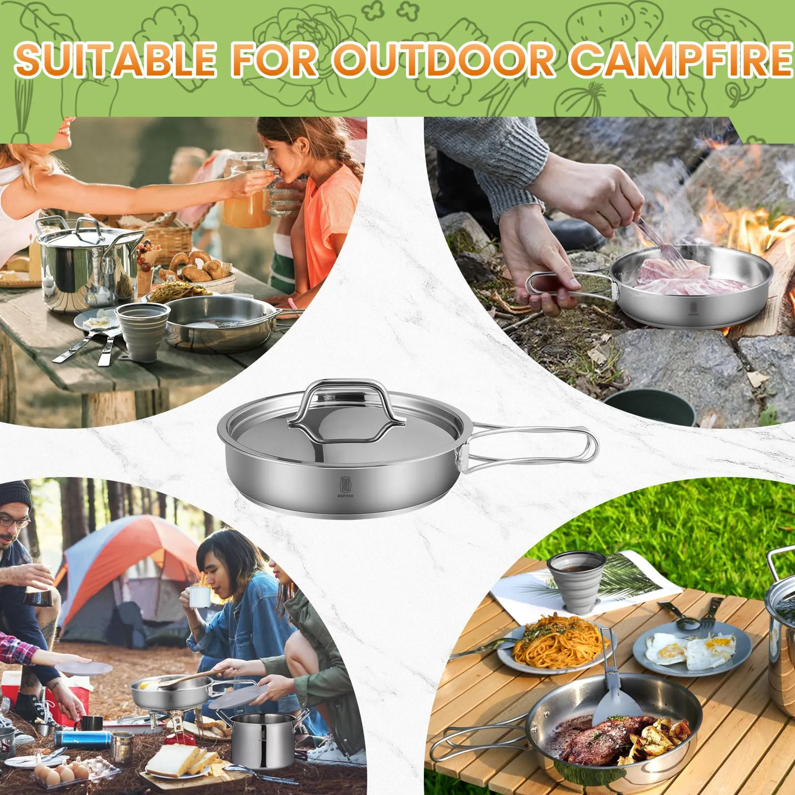 ROYDX Pots & Pans Set-27 Pcs Stainless Steel Kitchen Cookware Set,Foldable Frying Pan Stockpot with Forks Spoons Travel Bag for Campfire Hiking,Barbecues,Beach Outdoor Picnic Camping Cooking Set