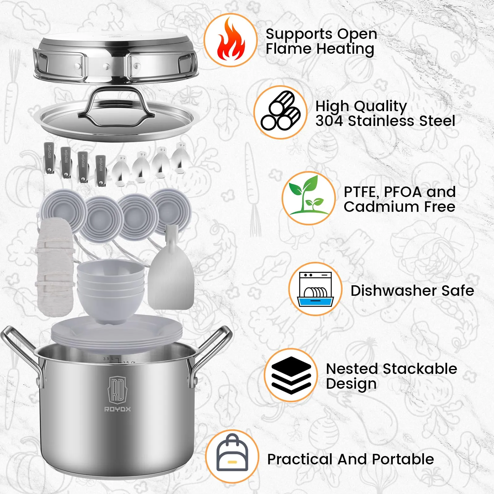 ROYDX Pots & Pans Set-27 Pcs Stainless Steel Kitchen Cookware Set,Foldable Frying Pan Stockpot with Forks Spoons Travel Bag for Campfire Hiking,Barbecues,Beach Outdoor Picnic Camping Cooking Set