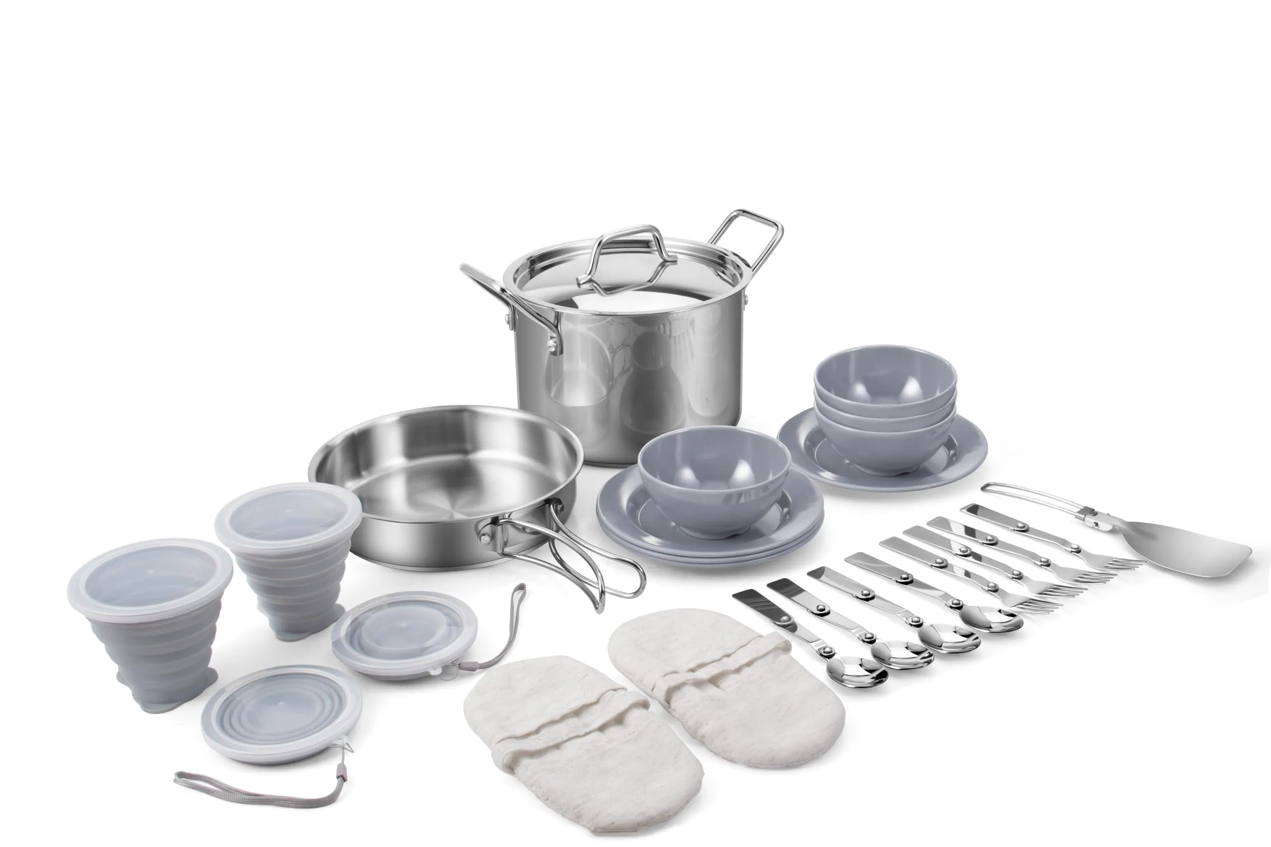 ROYDX Pots & Pans Set-27 Pcs Stainless Steel Kitchen Cookware Set,Foldable Frying Pan Stockpot with Forks Spoons Travel Bag for Campfire Hiking,Barbecues,Beach Outdoor Picnic Camping Cooking Set