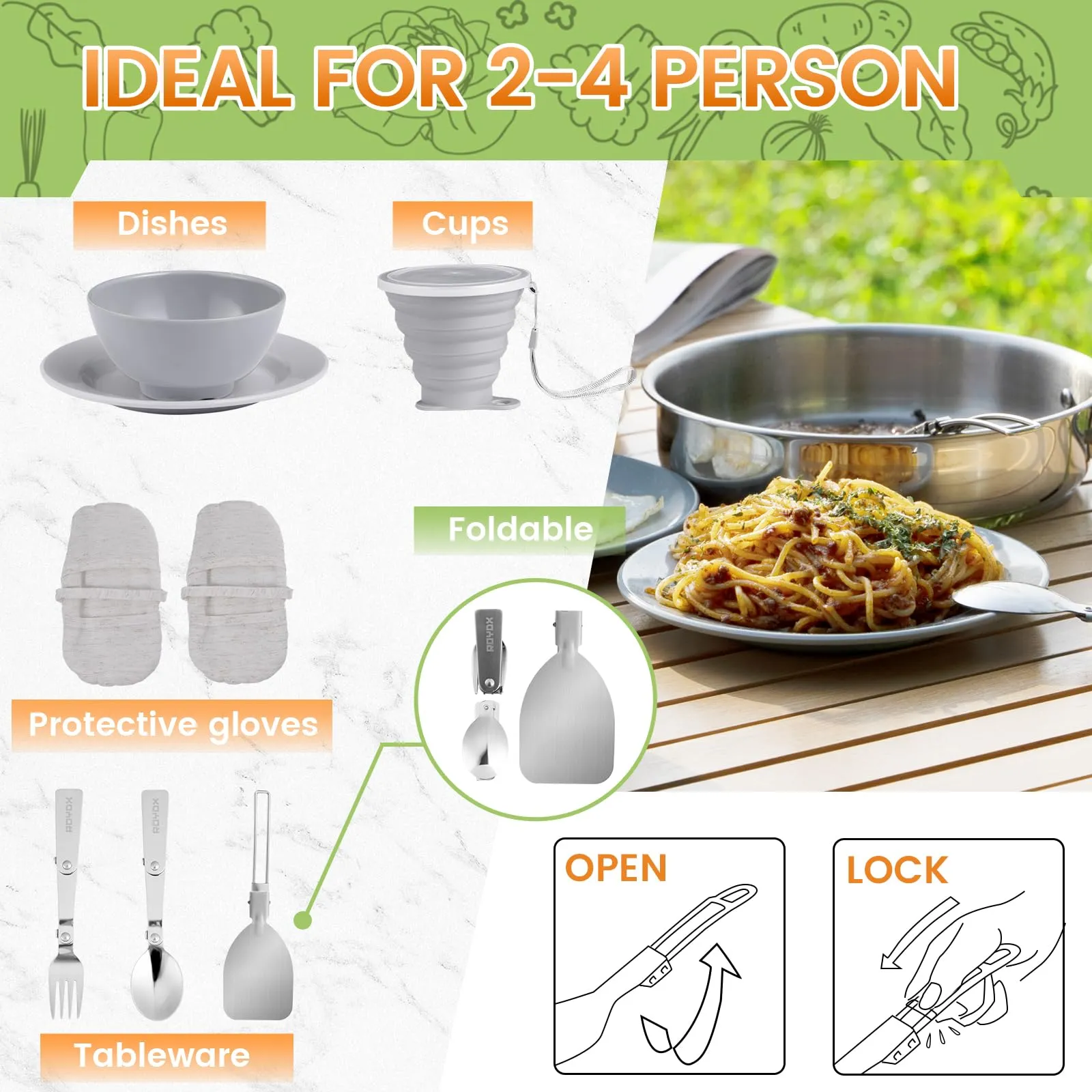 ROYDX Pots & Pans Set-27 Pcs Stainless Steel Kitchen Cookware Set,Foldable Frying Pan Stockpot with Forks Spoons Travel Bag for Campfire Hiking,Barbecues,Beach Outdoor Picnic Camping Cooking Set