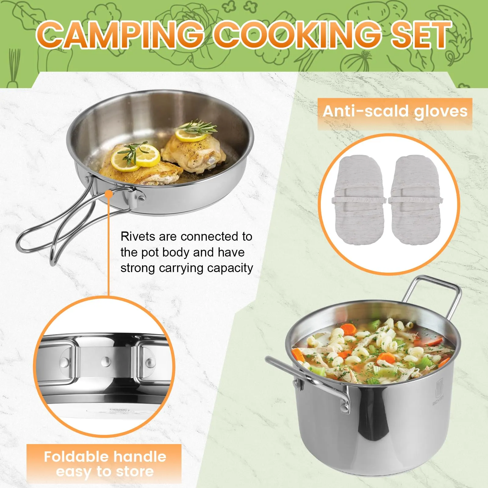 ROYDX Pots & Pans Set-27 Pcs Stainless Steel Kitchen Cookware Set,Foldable Frying Pan Stockpot with Forks Spoons Travel Bag for Campfire Hiking,Barbecues,Beach Outdoor Picnic Camping Cooking Set